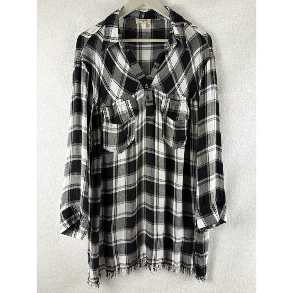 Umgee Womens Black White Plaid Long Sleeve Frayed Hem Tunic Dress Large
